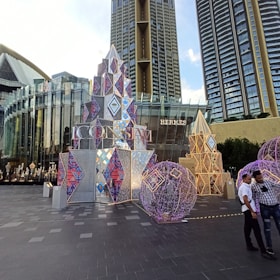 Close-up of a creative urban activation with interactive brand displays.