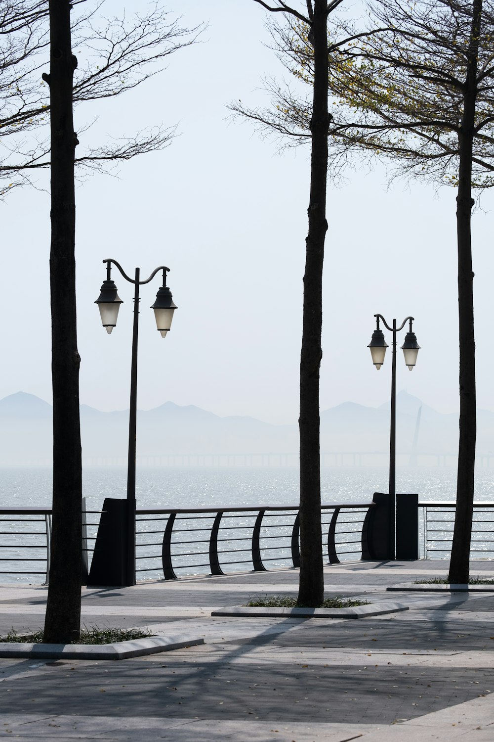 a couple of street lamps sitting next to a body of water