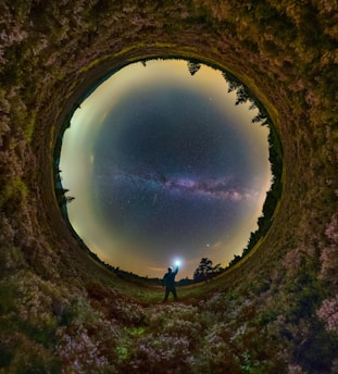 A person stands in a circular fisheye view of a landscape, with lush greenery surrounding them. The night sky above is filled with stars, including a vibrant view of the Milky Way. The person is holding a light source that illuminates part of the scene.