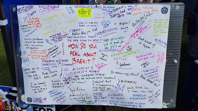 A board filled with various handwritten messages expressing opinions about Brexit. People have used different colors to write their thoughts, which range from humorous and sarcastic remarks to serious political statements. The board acts as a public platform for opinions on the topic.
