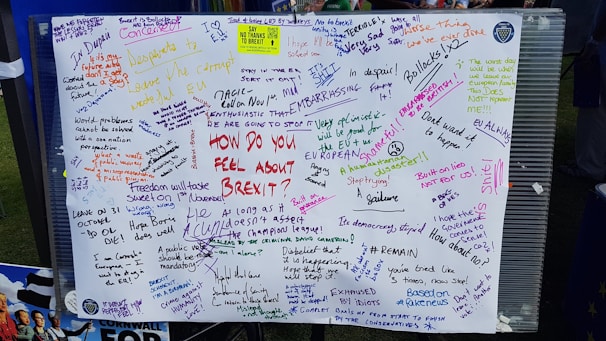 A board filled with various handwritten messages expressing opinions about Brexit. People have used different colors to write their thoughts, which range from humorous and sarcastic remarks to serious political statements. The board acts as a public platform for opinions on the topic.