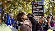 A group of people gather outdoors under a canopy of green leaves, holding various flags, including the European Union flag. Several individuals are holding signs protesting Brexit, and one prominent sign reads 'Bramm Orth Bretmes.' Many people are engaged in conversations, reading, and capturing photos on their phones.