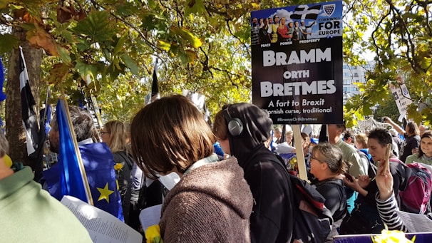 A group of people gather outdoors under a canopy of green leaves, holding various flags, including the European Union flag. Several individuals are holding signs protesting Brexit, and one prominent sign reads 'Bramm Orth Bretmes.' Many people are engaged in conversations, reading, and capturing photos on their phones.