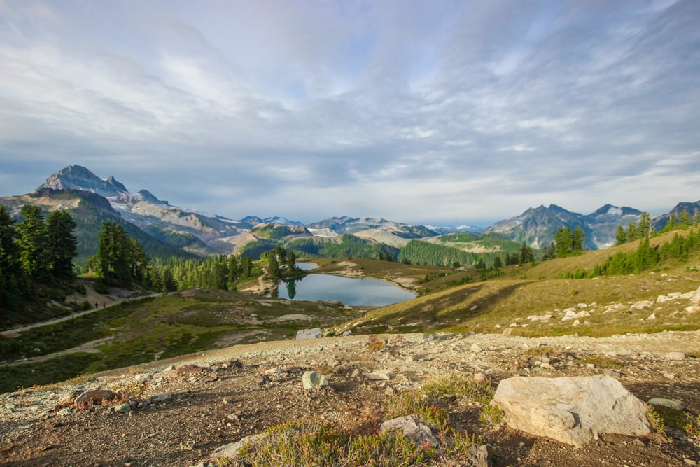 a lake surrounded by mountains under a cloudy sky