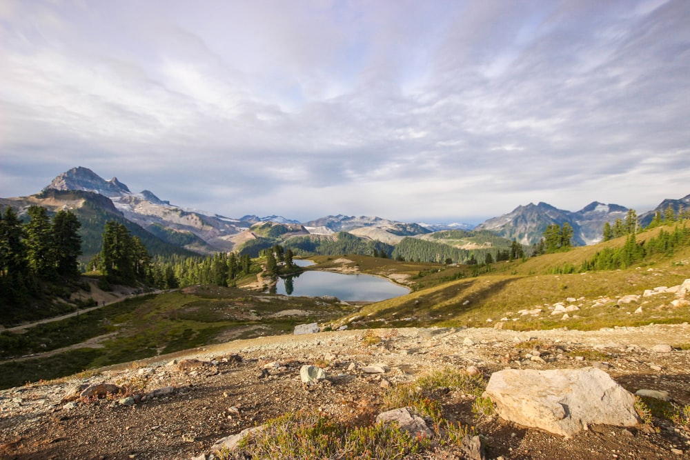 a lake surrounded by mountains under a cloudy sky