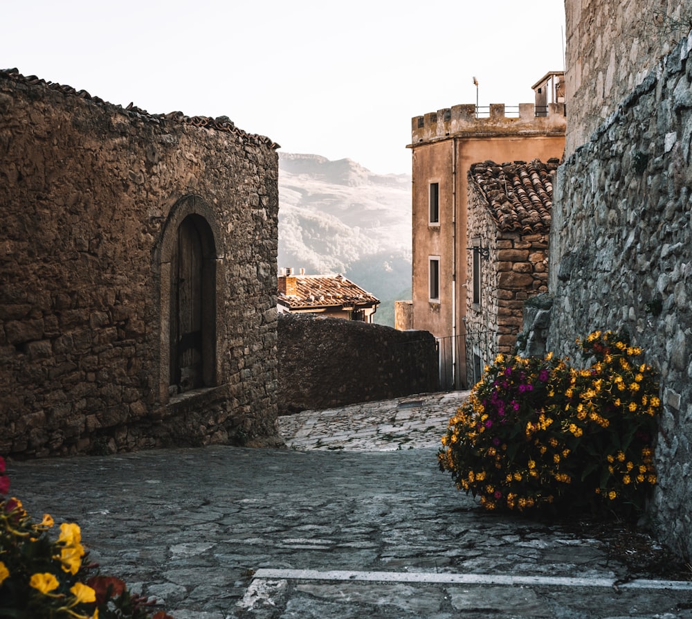 a cobblestone street with a stone building in the background