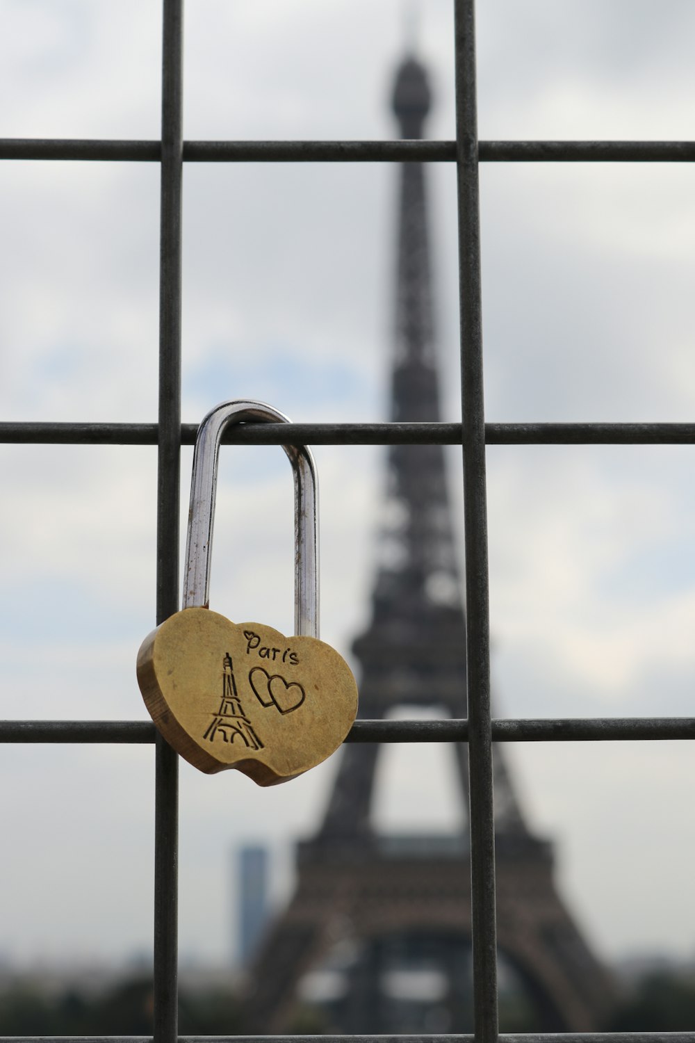 a padlock on a fence with the eiffel tower in the background