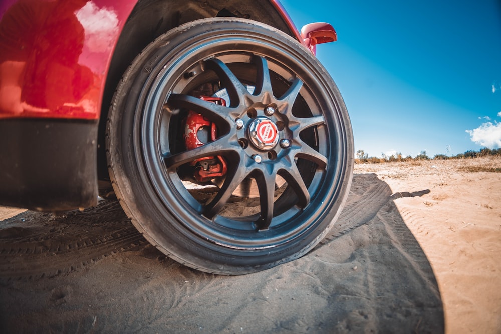 a close up of a tire on a car