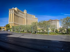 A large, luxurious hotel with classical architectural elements stands prominently against a clear blue sky. The building features a series of columns and ornate details in a cream color. In the foreground, a wide road bordered by well-maintained landscaping with shrubs and trees is visible.