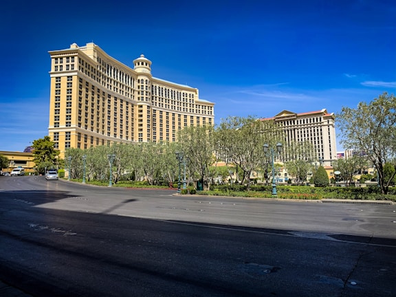 A large, luxurious hotel with classical architectural elements stands prominently against a clear blue sky. The building features a series of columns and ornate details in a cream color. In the foreground, a wide road bordered by well-maintained landscaping with shrubs and trees is visible.