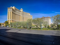 A large, luxurious hotel with classical architectural elements stands prominently against a clear blue sky. The building features a series of columns and ornate details in a cream color. In the foreground, a wide road bordered by well-maintained landscaping with shrubs and trees is visible.