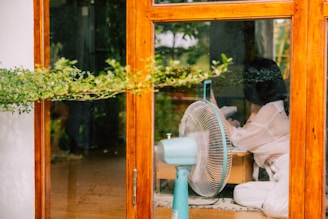 A woman is sitting indoors near a wooden-framed glass door, holding a phone. A fan is placed in front of her. Outside, greenery can be seen.
