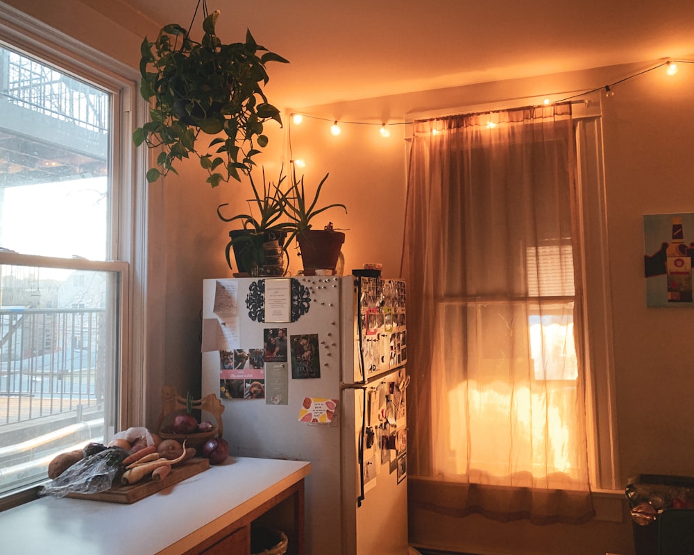 a kitchen with a refrigerator and a window