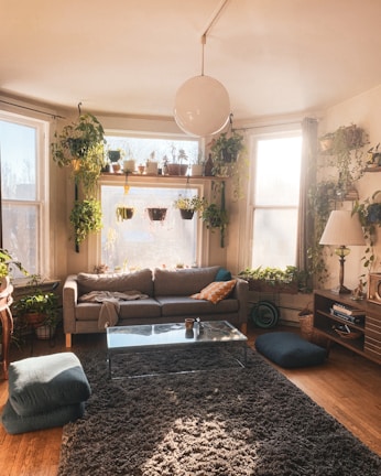 Cozy living room with natural light highlighting wooden accents and green plants.