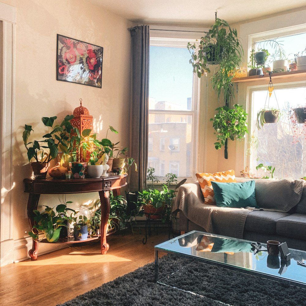 uma sala de estar cheia de móveis e muitas plantas