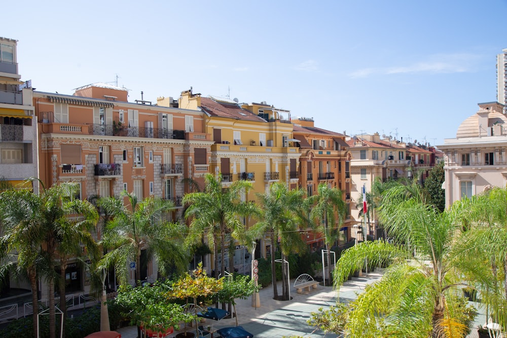 a row of buildings with palm trees in front of them