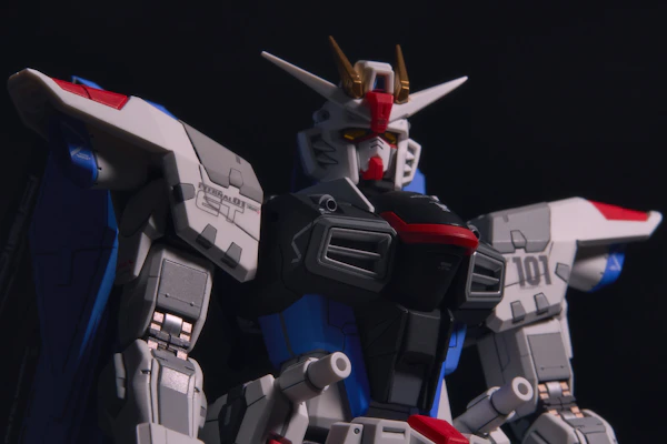 A detailed mech robot model assembled from sturdy blocks, ready for action.