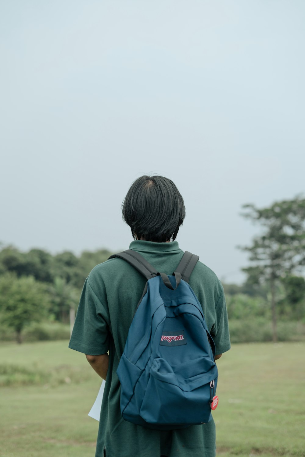 a person with a backpack looking at a field