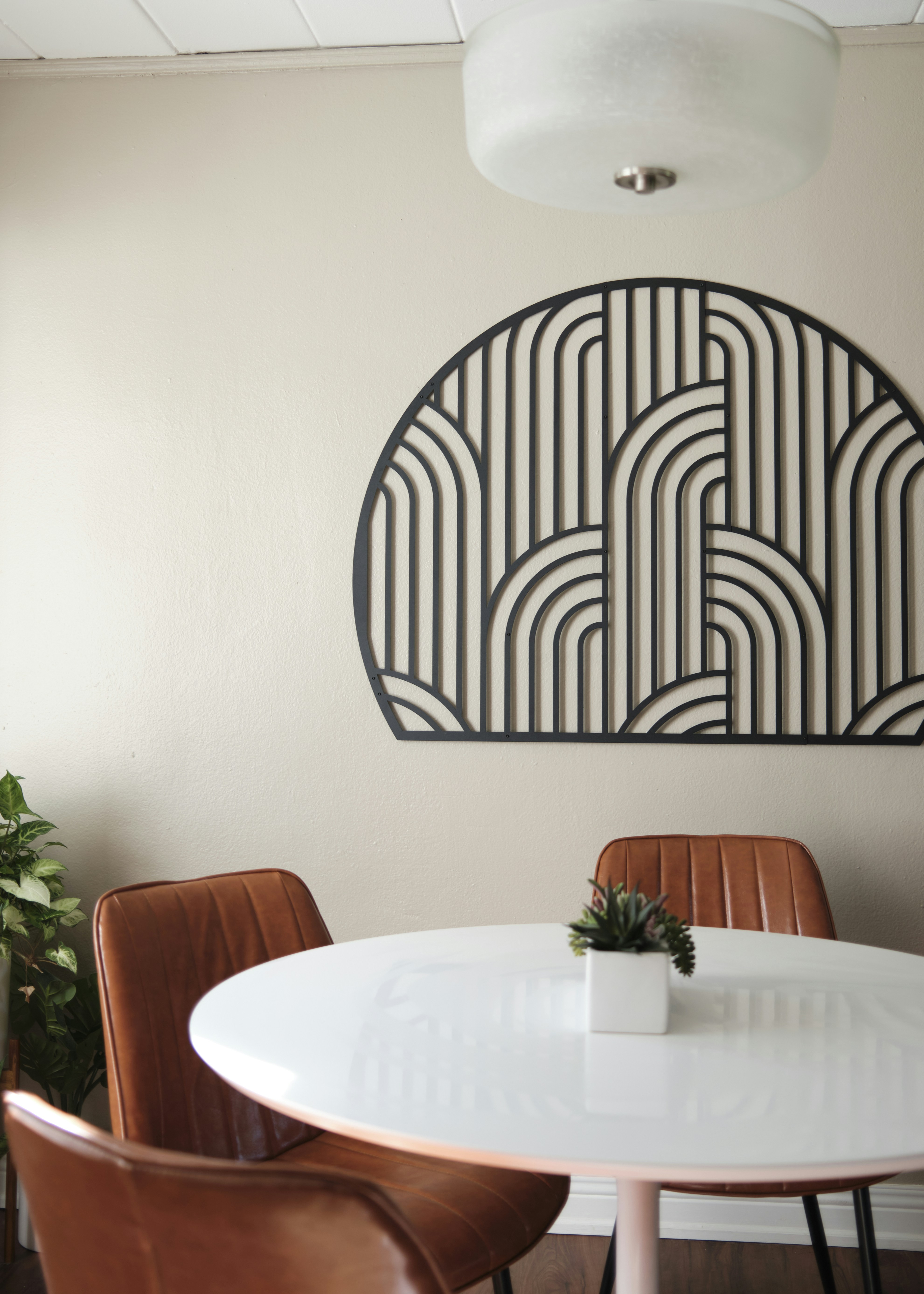 Warm minimal interior with wood dining table