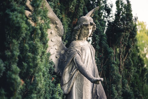 a statue of an angel surrounded by greenery