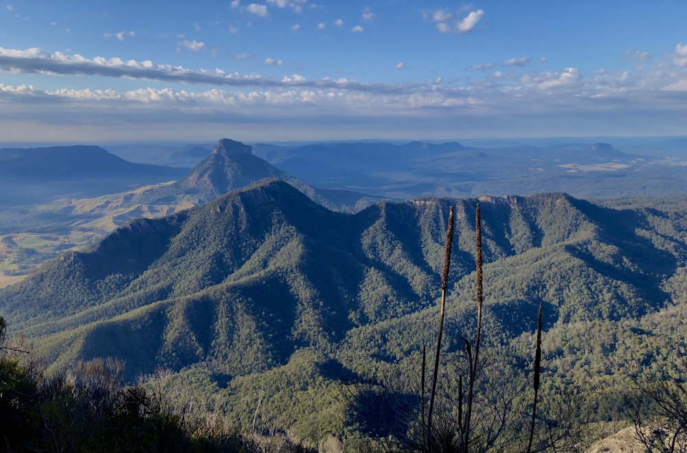 a view of a mountain range from the top of a hill