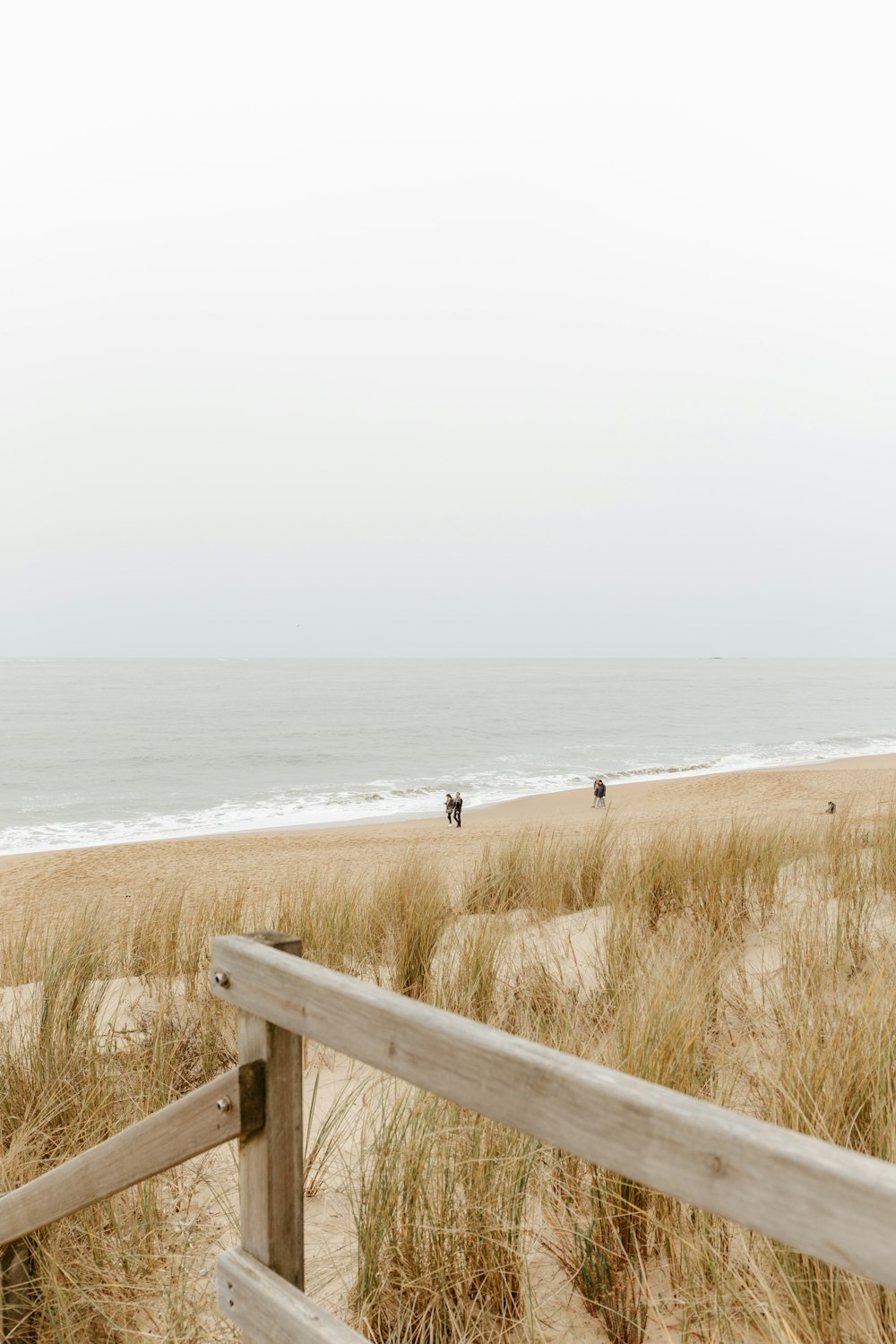 a view of a beach from behind a wooden fence