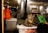 A fluffy cat wearing a colorful harness sits on a white plastic container outdoors in what appears to be a cafe or an outdoor seating area. The background includes a green plastic chair, a red plastic bag, and parts of a cafe interior with tables and shelves.