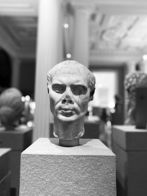 A monochrome photograph showcases an ancient stone bust displayed on a pedestal in a museum setting. The background reveals blurred outlines of other sculptures and elements of classical architecture like columns.