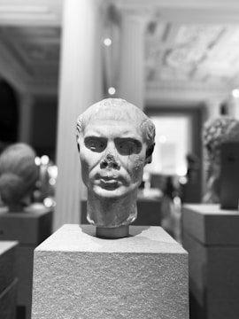 A monochrome photograph showcases an ancient stone bust displayed on a pedestal in a museum setting. The background reveals blurred outlines of other sculptures and elements of classical architecture like columns.