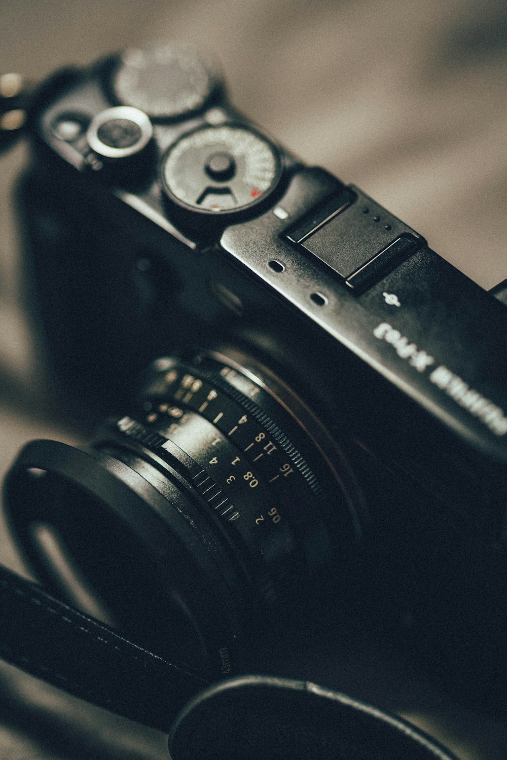 a close up of a camera on a table