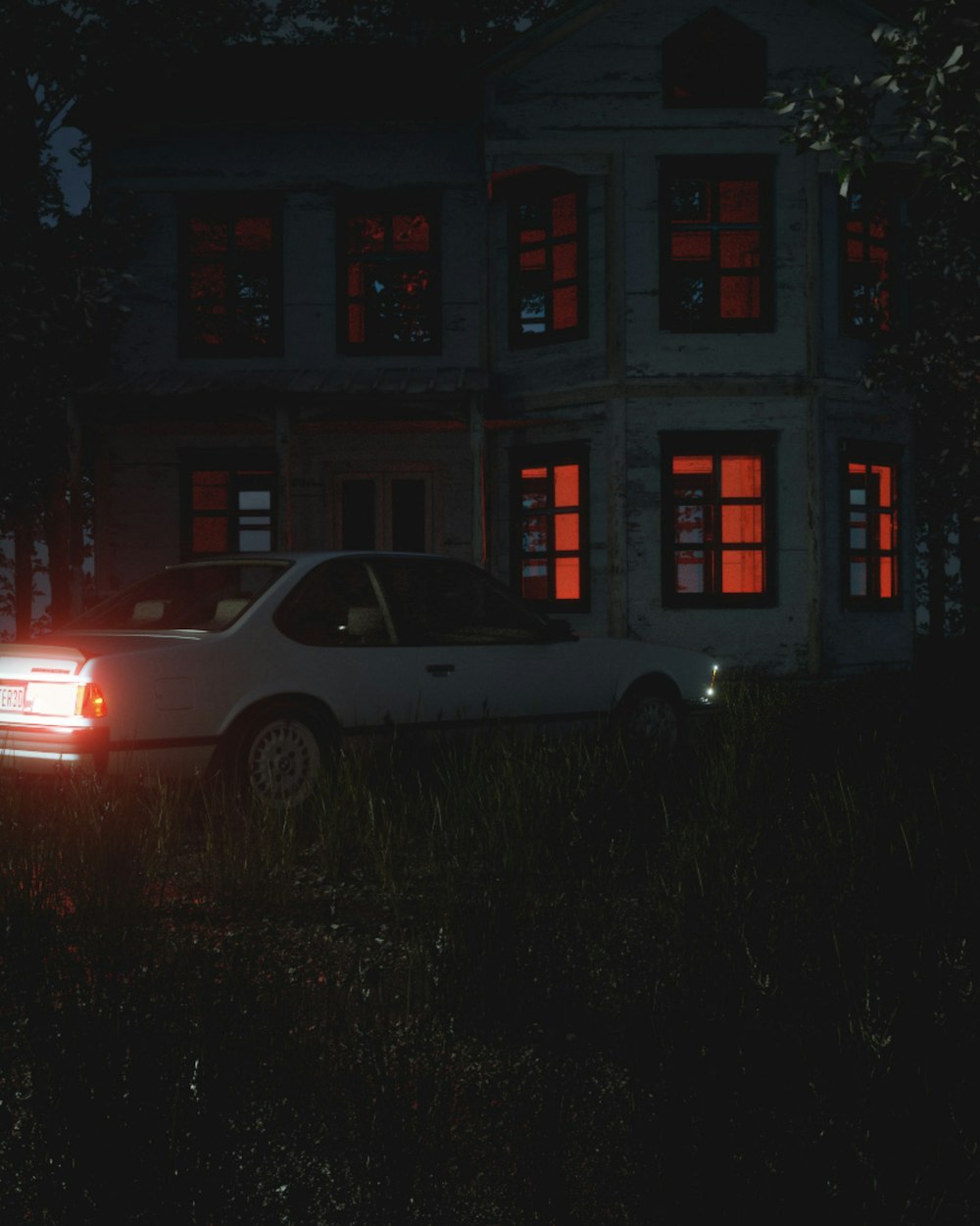 a white car parked in front of a large house