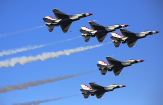 a group of jets flying through a blue sky