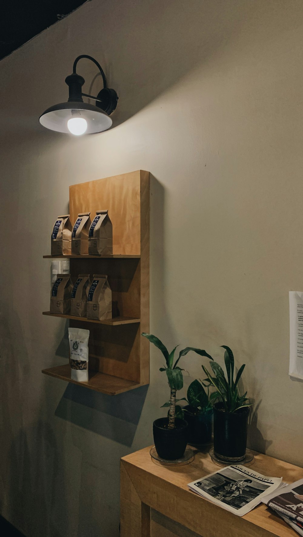 a wooden shelf with books and plants on it