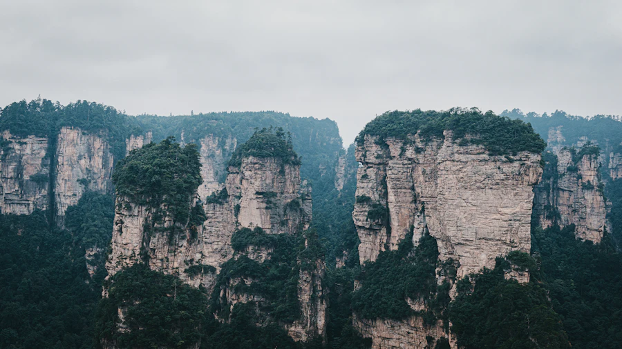 Sea of sandstone needle spires surrounded by clouds at Tianzi Mountain in winter