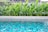 A clear swimming pool with vibrant blue tiles is set in the foreground, surrounded by lush green tropical plants. The pool water reflects the intricate patterns of the tiles, creating a serene and inviting atmosphere.
