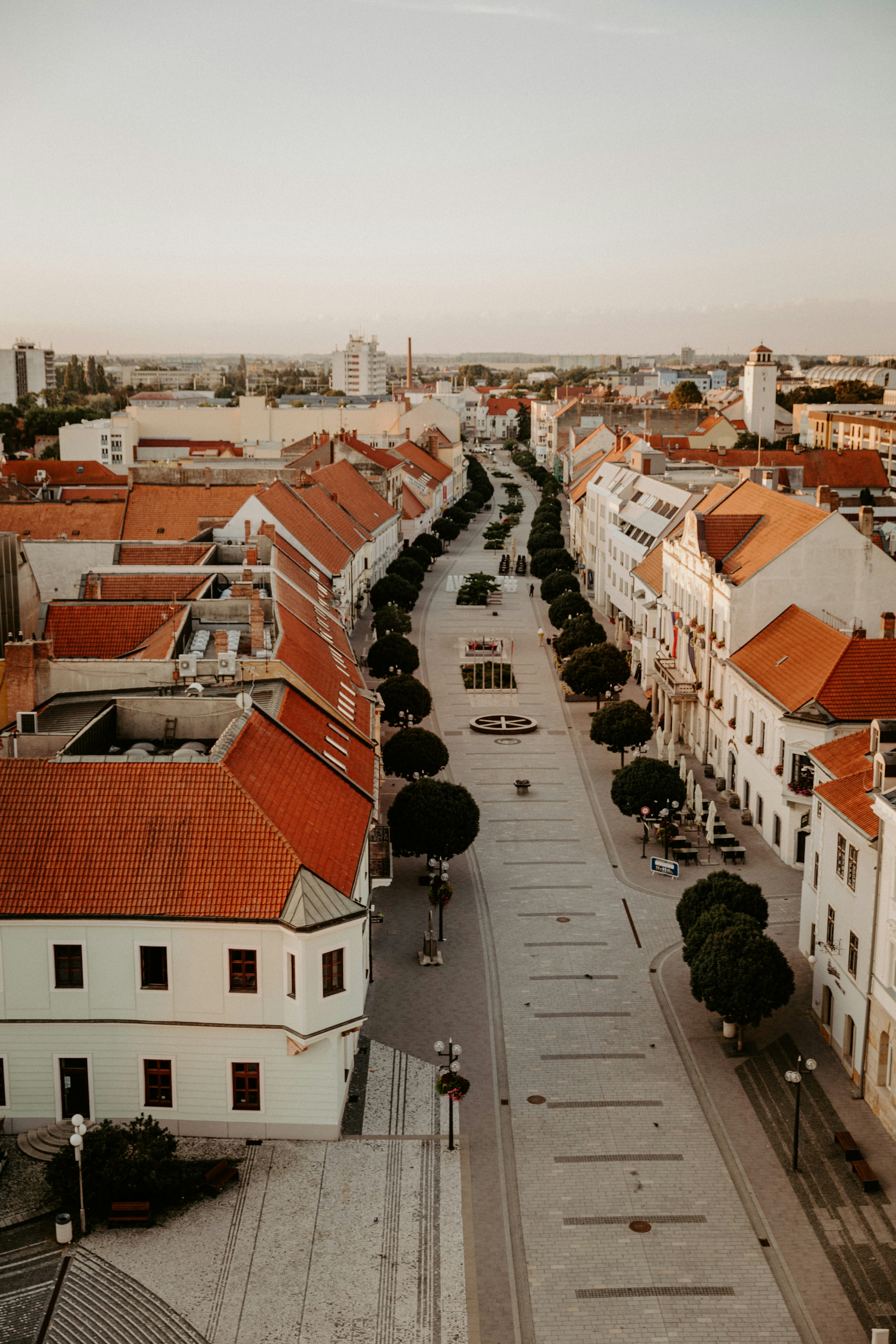 an aerial view of a city street with buildings