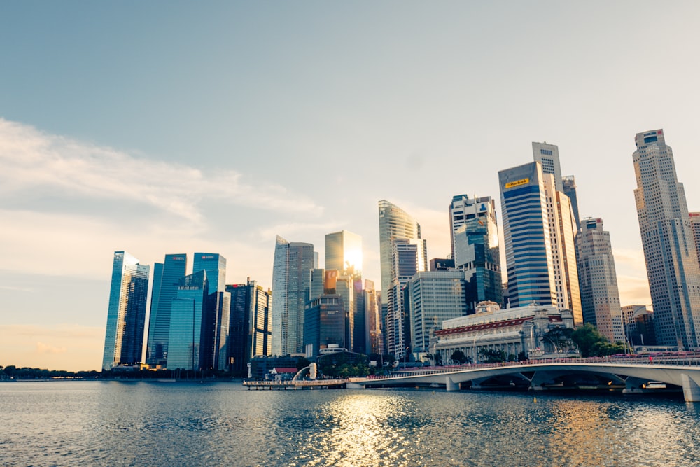 a large body of water with a city in the background