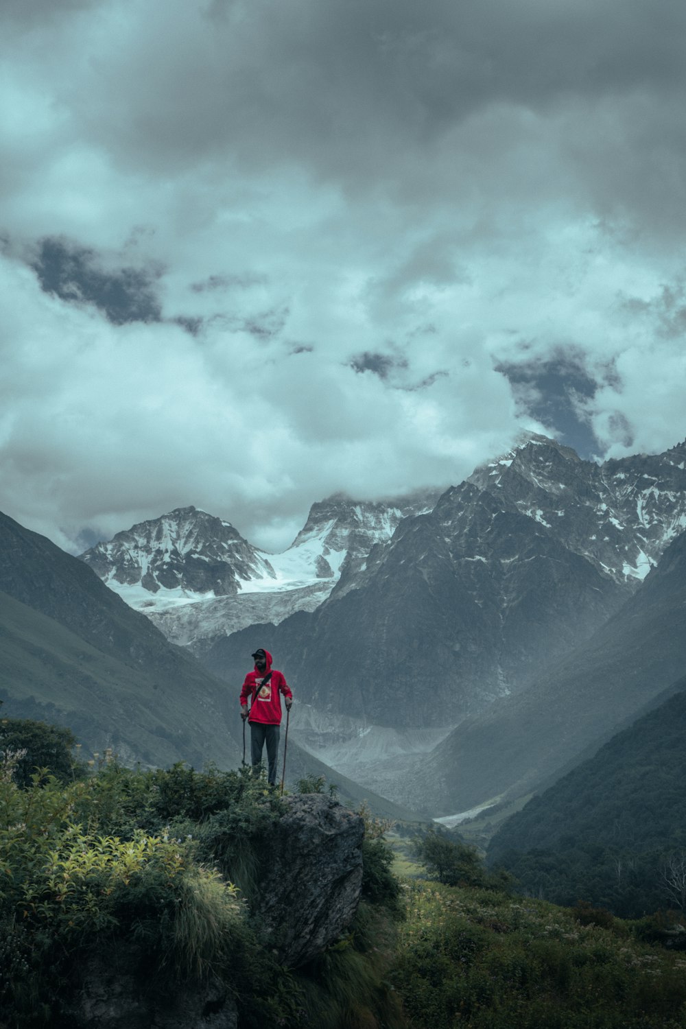 a man standing on top of a lush green hillside