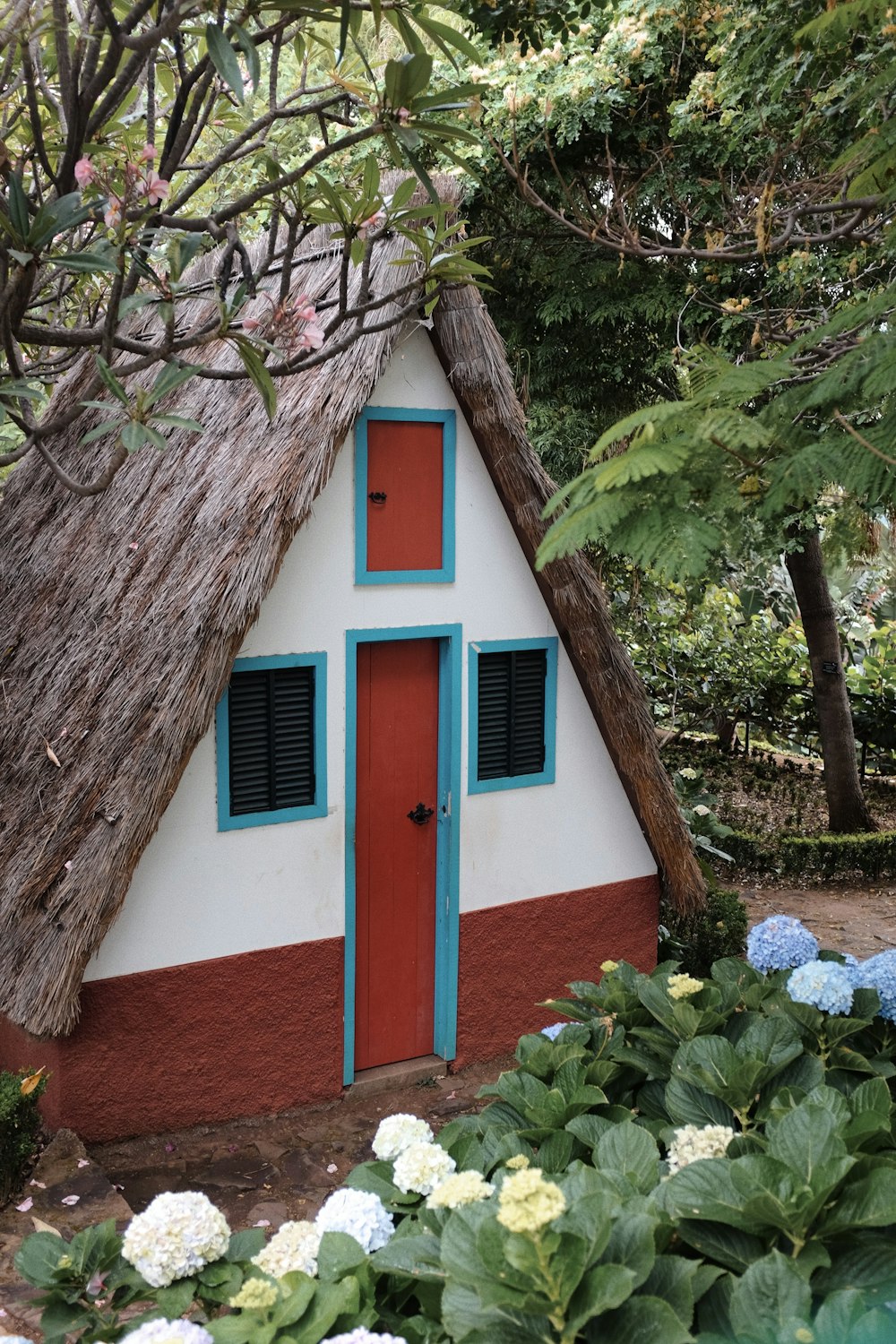 une petite maison avec un toit de chaume et des volets bleus