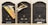 Three black mailboxes are mounted on a wall. Each mailbox displays a decorative emblem. Printed materials and advertisements are stuffed in the gaps of two mailboxes. Names are written on the bottom of each mailbox.