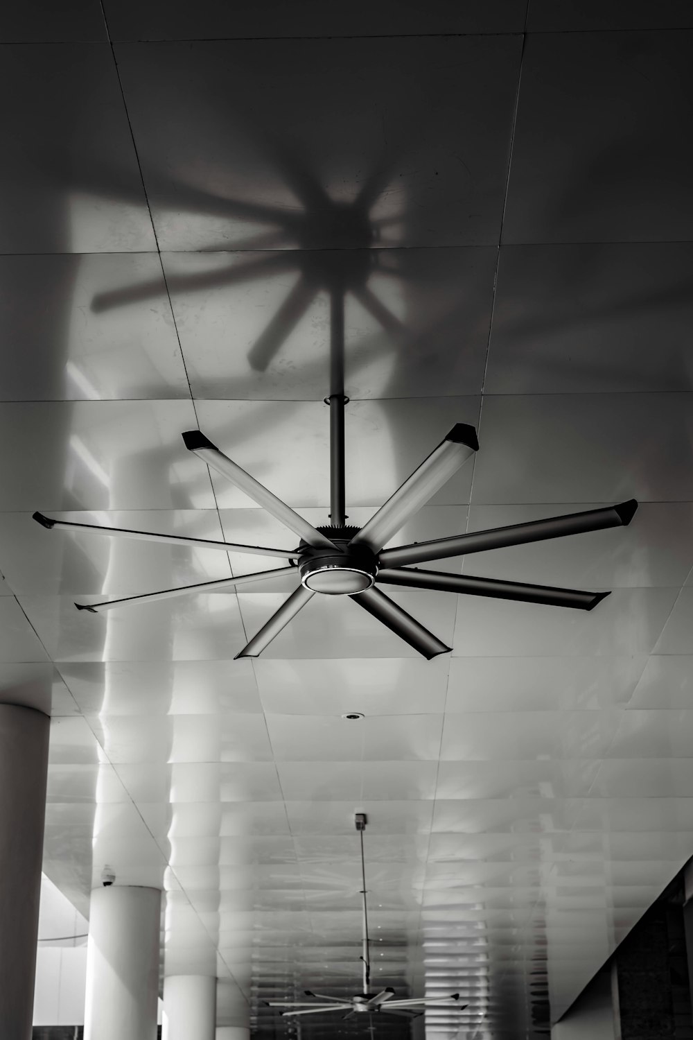 Una foto en blanco y negro de un ventilador de techo
