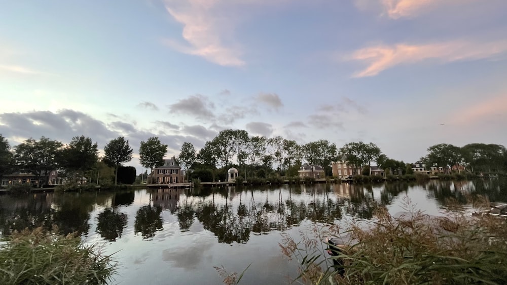 un cuerpo de agua rodeado de árboles y edificios