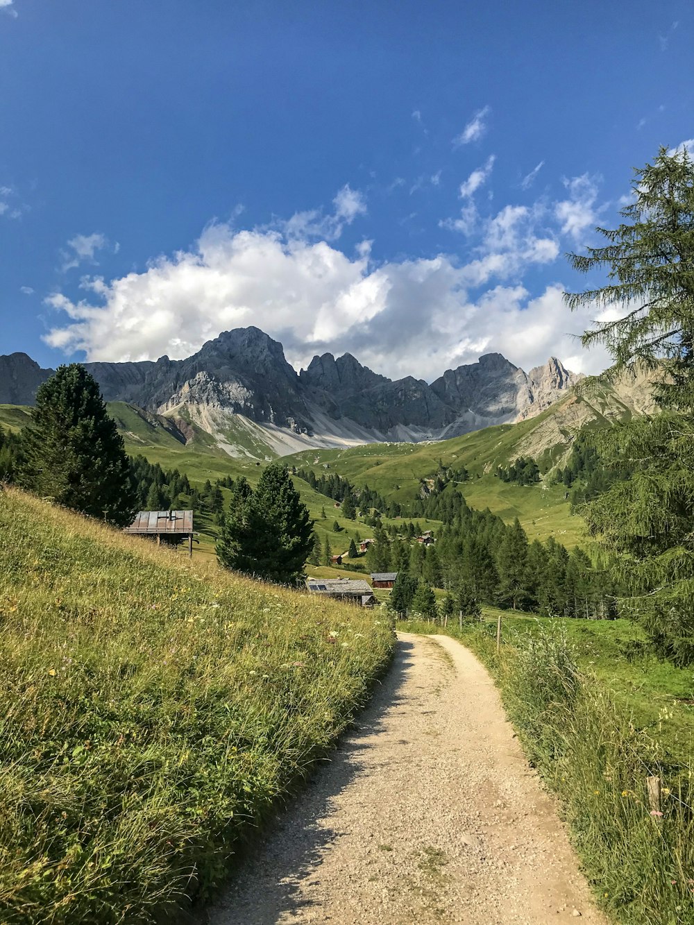 a dirt road going through a lush green valley