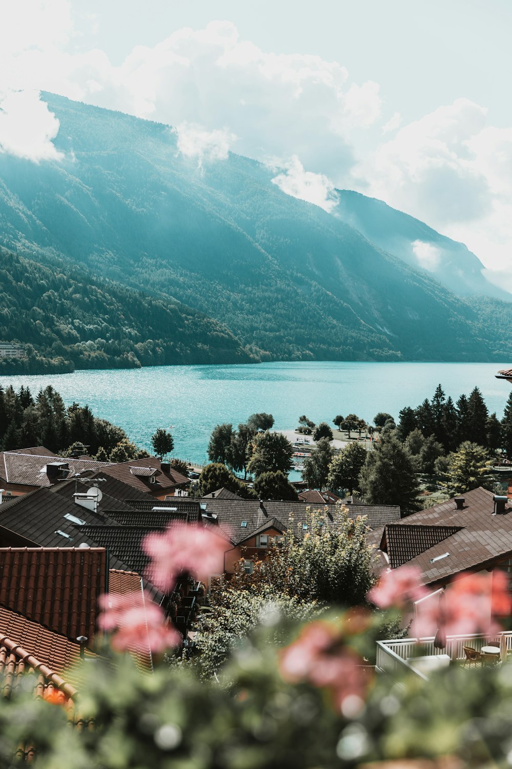 a scenic view of a lake and mountains