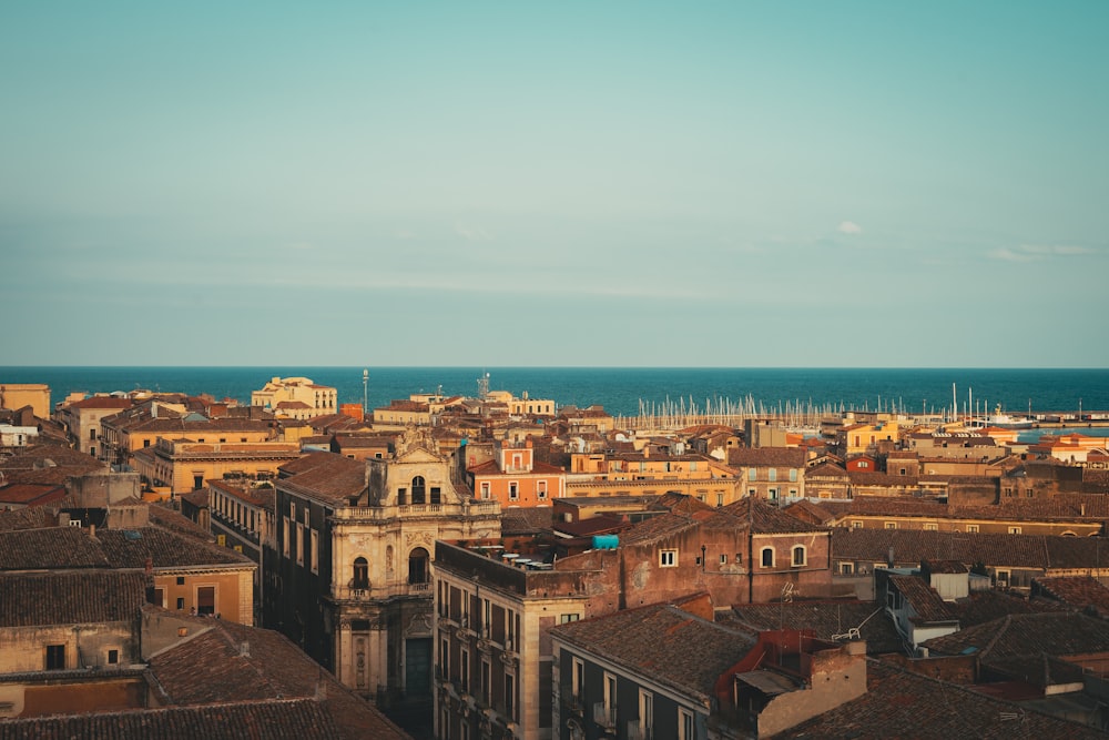 a view of a city with a body of water in the background