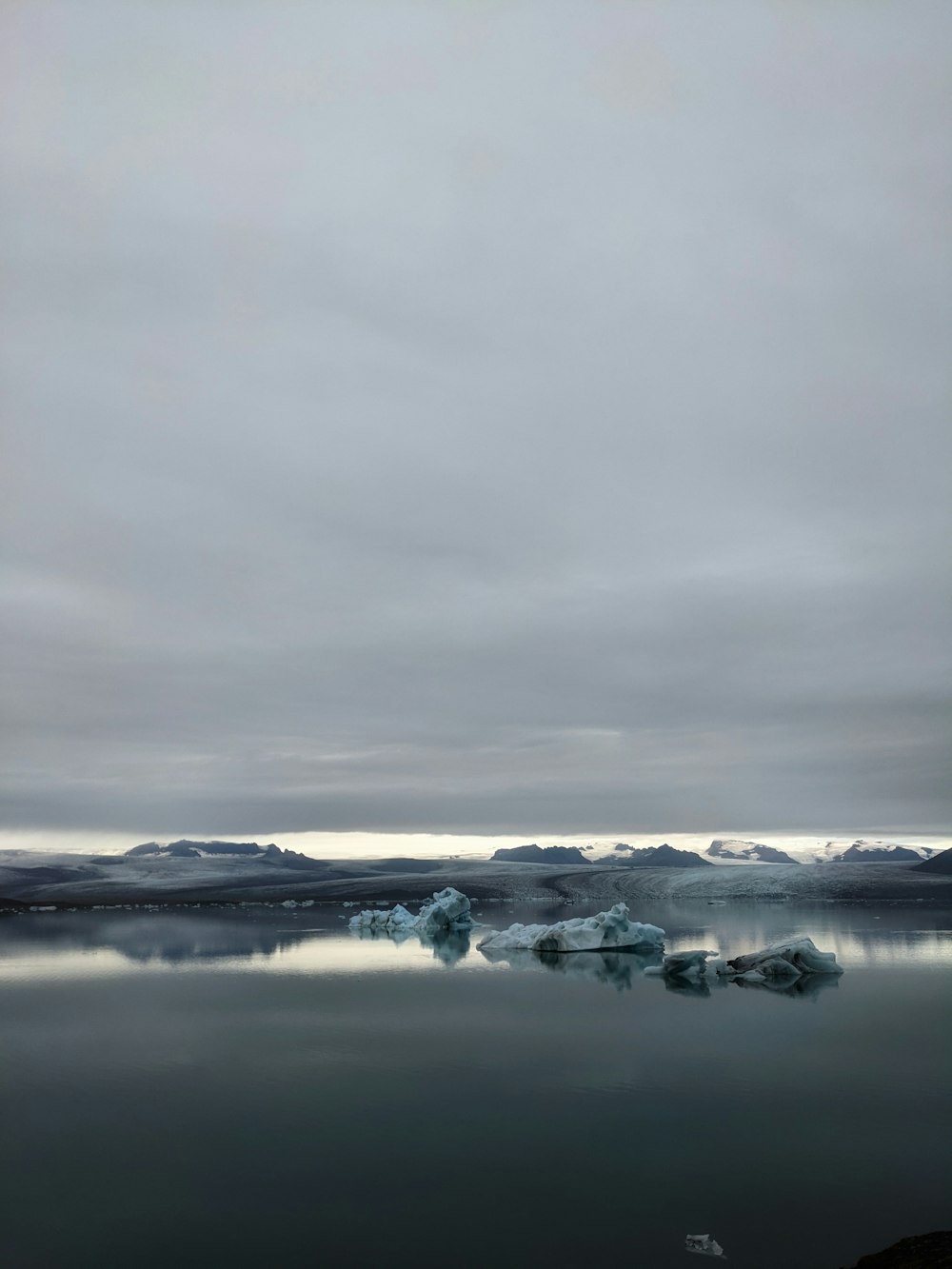 a large body of water with icebergs floating in it