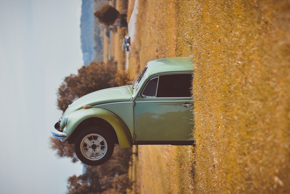 Une voiture verte est garée dans un champ