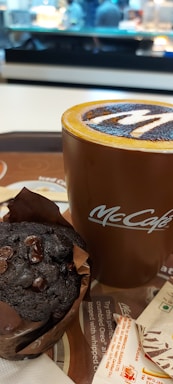 A rich chocolate muffin wrapped in brown paper is positioned next to a tall brown coffee cup with a latte inside, showcasing an intricate design on its frothy top. Both items are placed on a tray with a paper napkin and sugar packet nearby. The background is blurred, displaying the interior of a café.