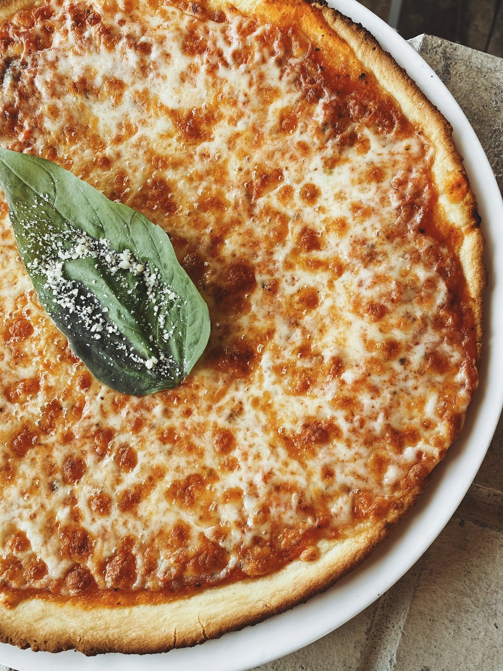 a pizza with a leaf on top of it