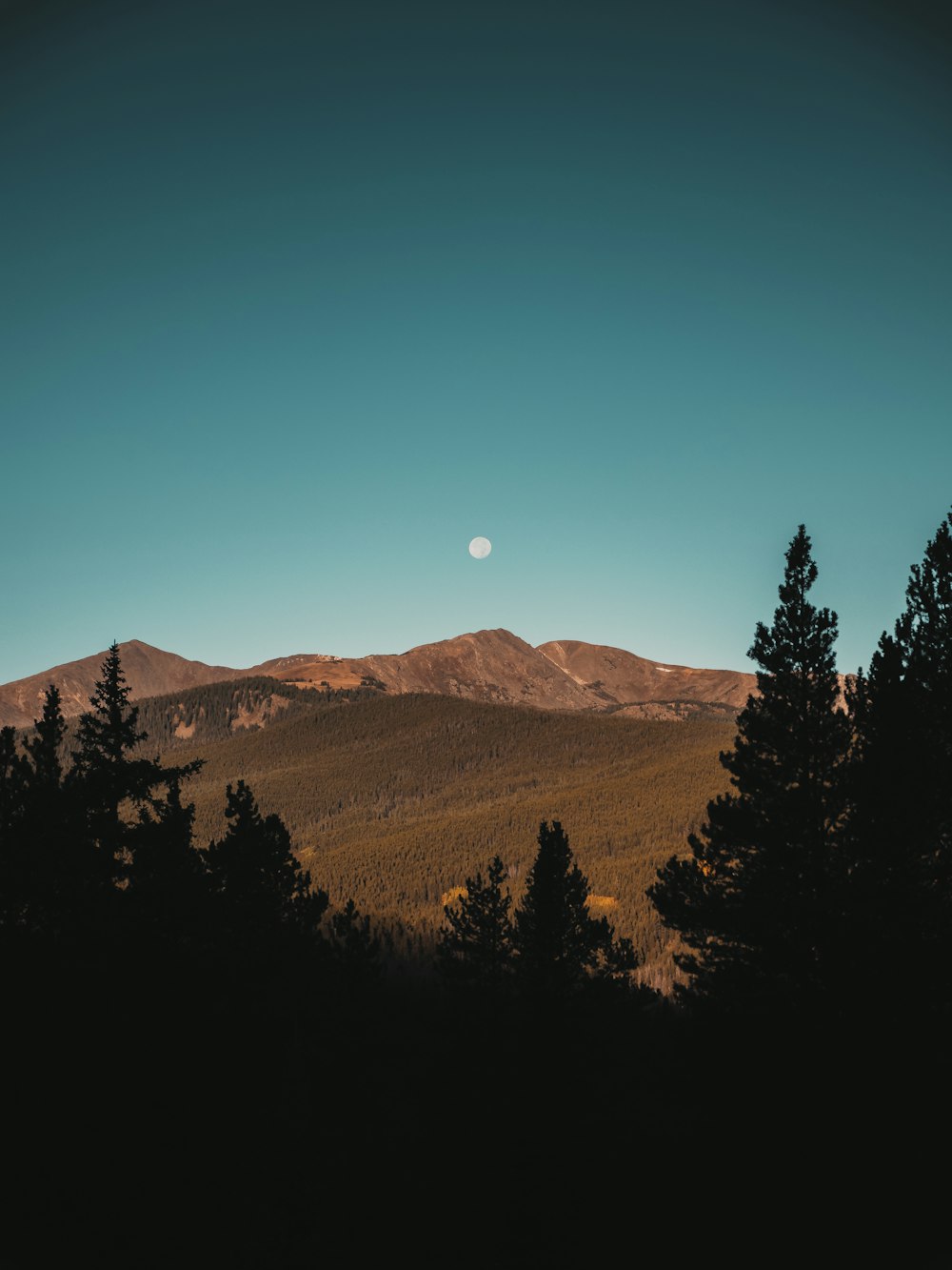 a full moon rising over a mountain range